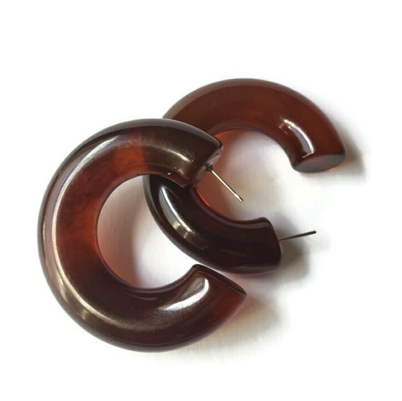 VINTAGE Large Hoop Lucite Earrings Brown Resin - Picture 2 of 8
